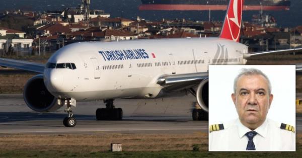 (L) A Turkish Airlines airplane sits on a tarmac. (R) Turkish Airlines pilot İlçehin Pehlivan wears the airline uniform and gives a blank expression.