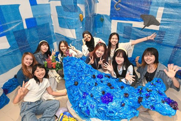Final-year advertising students from Tunku Abdul Rahman University of Management & Technology (TAR UMT) have created nine artworks from upcycled materials, now on display at the exhibition. Photo: The Star/Ong Soon Hin 